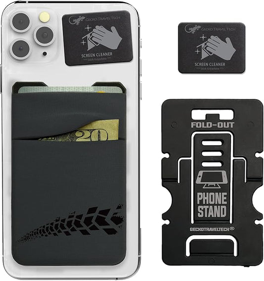 Gecko Travel Tech Double Pocket - Adhesive Card Holder - Cell Phone Pouch - Stick on Spandex Pocket - Carry Credit Cards and Cash (Gray - TIRE) by GeckoTravelTech