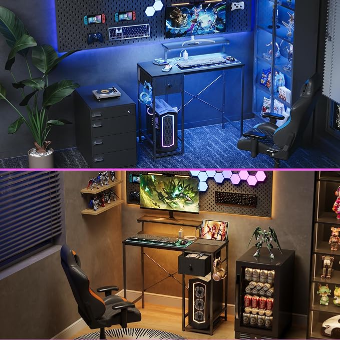 X-cosrack 33.5" Small Gaming Desk with LED Lights & Power Outlets, Compact Computer Desk with Monitor Stand & CPU Stand, Gamer Table with Storage Drawer, Side Hooks for Home Office, Bedroom, Black - Image 9