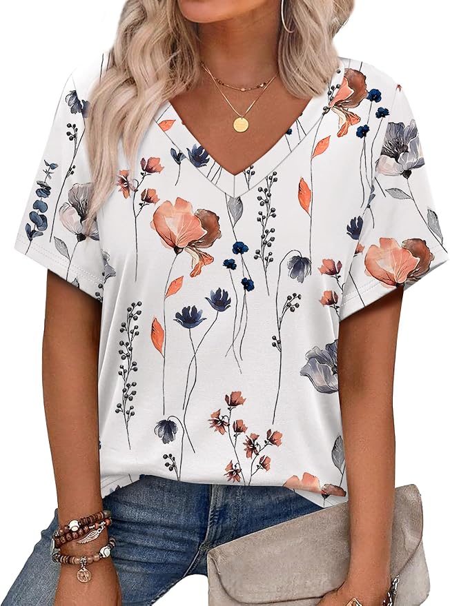 Alaroo Womens Summer Tops 2026 V Neck Short Sleeve Shirts Trendy Dressy Casual Vacation Outfits Printed by Alaroo