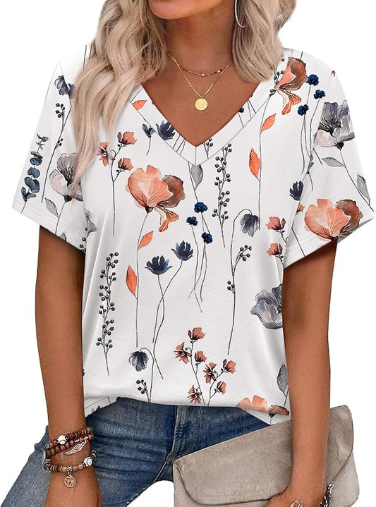 Alaroo Womens Summer Tops 2026 V Neck Short Sleeve Shirts Trendy Dressy Casual Vacation Outfits Printed by Alaroo