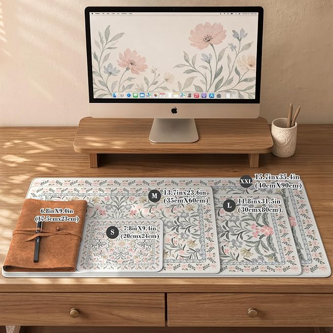 iCasso Aesthetic Mouse pad,23.6x13.7 Desk Pad Mat, Gray Floral | Desk Matt for Desktop, Anti-Slip Mousepad with Stitched Edges for Laptop Computer Keyboard - Image 2