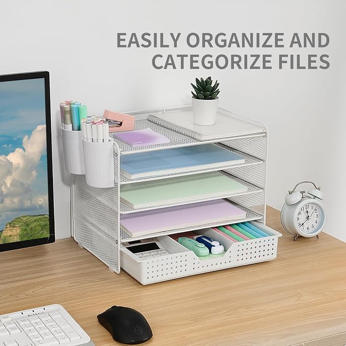 LEKETREE Desk Organizer and Accessories, 5-Tier Paper Letter Tray Organizer with Drawer & 2 Pen Holders for Desktop File Organization, Office Desk Accessories for Supplies Storage (White) - Image 5