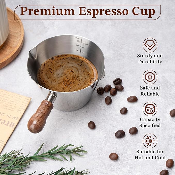 Amrules Espresso Cup, 6.8 oz/200 ml Stainless Steel Coffee Shot Measuring Cup with Wood Handle, Double V-Shaped Mouth and Clear Scale for Cappuccino Barista Coffee Bar Accessories, Silver - Image 4
