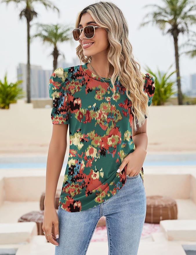 Ivicoer Puff Short Sleeve Shirt for Women Eyelet Tops Summer Crewneck Blouse Loose Fit S-XXL - Image 3