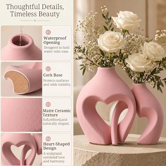 Ceramic Flower Vases Table Decor Heart Shaped Vase Set of 2 Pink | Nordic Heart Shaped Vases Minimalist Decorative Vase for Table Centerpiece Wedding Dining Living Room Office House Decoration - Image 7