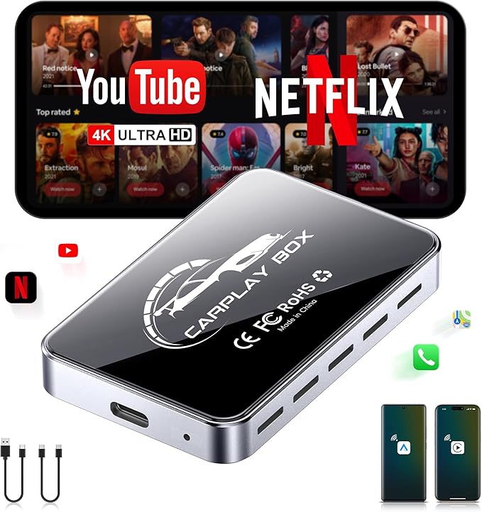 AI Box CarPlay, 3-in-1 Wireless CarPlay Adapter & Android Auto for OEM Wired Cars, Built-in Netflix/YouTube for Streaming, 5.8GHz WiFi, Convert Wired to Wireless, Plug & Play （4GB RAM+32GB ROM） by YourGuardianontheRoad