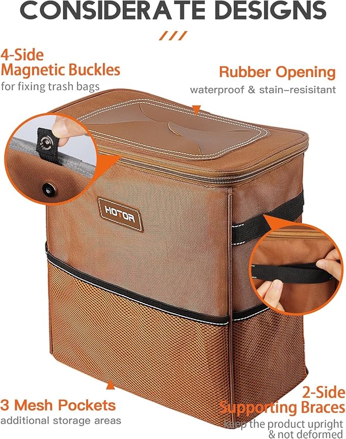 HOTOR 3 Gallons Car Trash Can, Ultra Large Capacity Organizer and Storage with Adjustable Straps & Magnetic Snaps, Waterproof Car Accessory for Interior Car Stuff Storage, Brown - Image 4