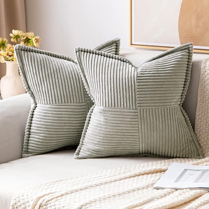 MIULEE Light Grey Corduroy Decorative Euro Sham Pillow Covers 24x24 Inch with Splicing Set of 2 Soft Boho Pillow Covers Broadside Textured Pillowcases for Couch Bed Livingroom by MIULEE