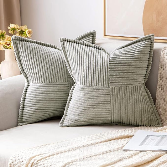 MIULEE Light Grey Corduroy Decorative Euro Sham Pillow Covers 24x24 Inch with Splicing Set of 2 Soft Boho Pillow Covers Broadside Textured Pillowcases for Couch Bed Livingroom by MIULEE