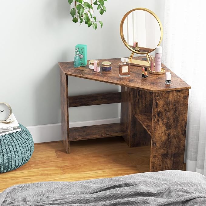 GOFLAME Corner Desk with Storage Shelves, Triangular Computer Desk with Cable Management Holes, Laptop Workstation for Small Space, Makeup Vanity Desk for Living Room, Study, Rustic Brown - Image 9