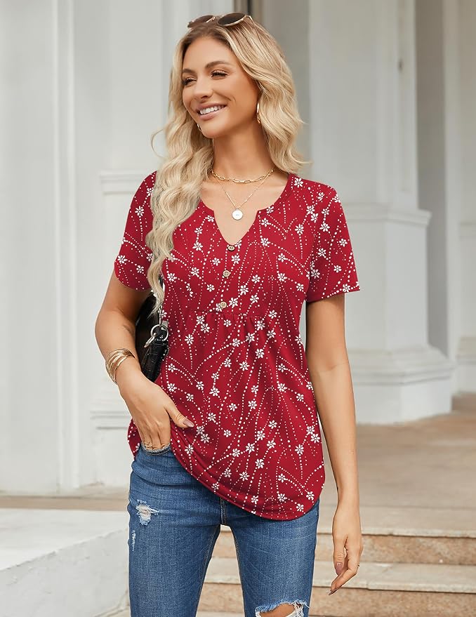 Zeagoo Womens Short Sleeve Tops Summer Henley V-Neck Tshirts Casual Pleated Blouse Dressy Loose Floral Basic Tee - Image 6