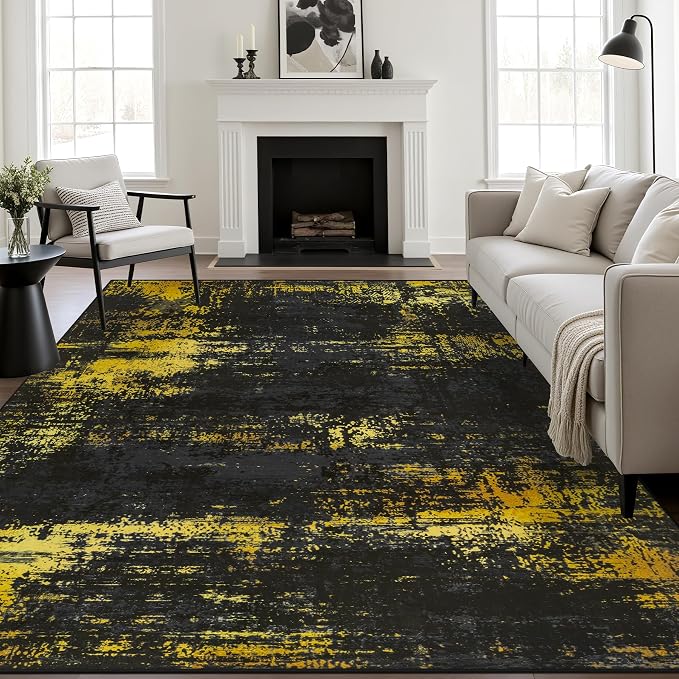 10x14 Area Rug Living Room Rug: Washable Modern Abstract Soft Thin Rug Indoor Floor No Slip Carpet for Bedroom Dining Room Farmhouse Nursery Home Office - Dark Black Gold by FXRHLP