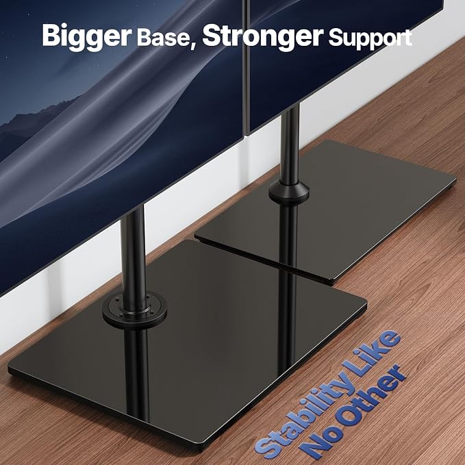 HUANUO Free Standing Triple Monitor Mount for 13-27 Inch Screens | Larger Tempered-Glass Base, Heavy Duty Thicker Steel, Tilt, Swivel, Rotation, Holds up to 22 lbs, VESA 75x75/ 100x100mm - Image 4