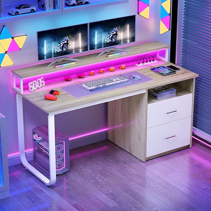 DWVO Computer Desk with Drawers, 47.2" Office Desk with Power Outlets & LED Light, Home Office Desk with Storage Shelves, White & Oak | Built-In Power Outlets, Led Light, Storage Shelves, Drawers, Compact Size, for Home Office Small Space, Easy Assembly by DWVO