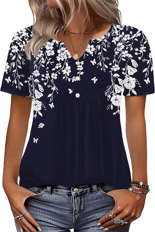 Zeagoo Womens Short Sleeve Tops Summer Henley V-Neck Tshirts Casual Pleated Blouse Dressy Loose Floral Basic Tee by Zeagoo