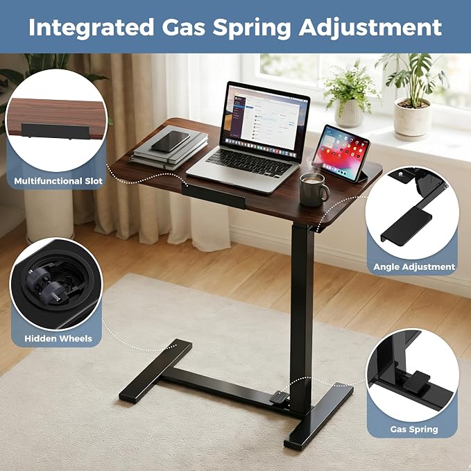 Overbed Table Adjustable Bedside Desk with Wheels Brown | Pneumatic Lift Design Offers Easy Height Adjustment for Bed and Sofa Use - Image 4