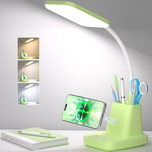 LED Desk Lamp with 10W Wireless Charging & Pen Holder, Light Green | CRI 95, 800LM, Stepless Dimming, 3 Modes, 360°Flexible Arm, Touch, Study Table Lamp for Home Office, Dorm Room, with Adapter by Sailstar
