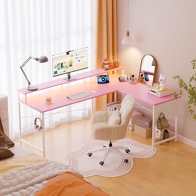 Pamray 64 Inch L Shaped Gaming Desk with Monitor Stand and Power Outlets | Large Corner Computer Desk With Pegboard & Led Lights USB Charging Ports for Home Office Study and Writing Bedroom and Dorms - Image 2