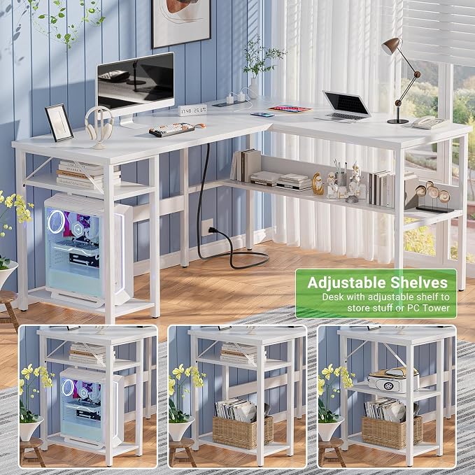 Unikito Reversible L Shaped Computer Desk with Magic Power Outlets and USB Charging Ports, Sturdy Corner Desk with Storage Shelves, Durable Work Desk for Home Office, Easy to Assemble, White - Image 7