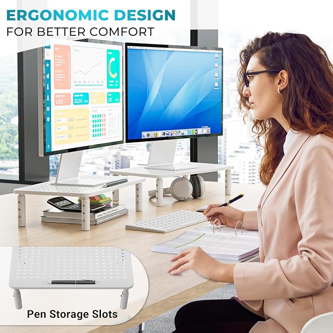 BONTEC Monitor Stand for Desk 2 Pack, 3-Level Height Adjustable Metal Monitor Riser, Ergonomic Computer Stand with Pen Holder & Cable Management for Printer, Laptop, Office Workstation, White - Image 8