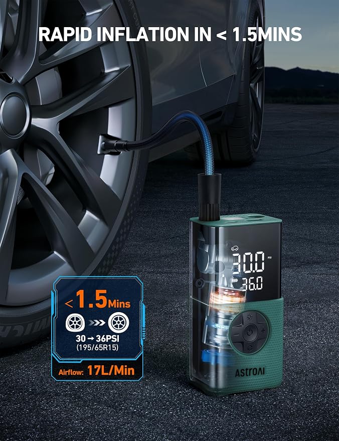 AstroAI L7S Tire Inflator Portable Air Compressor Cordless with Digital Pressure Gauge, 150 PSI LED Light Bike Air Pump with Fast Inflation & Auto Shut-Off for Car Tires,Motorcycles,Bikes,Balls,Green - Image 4
