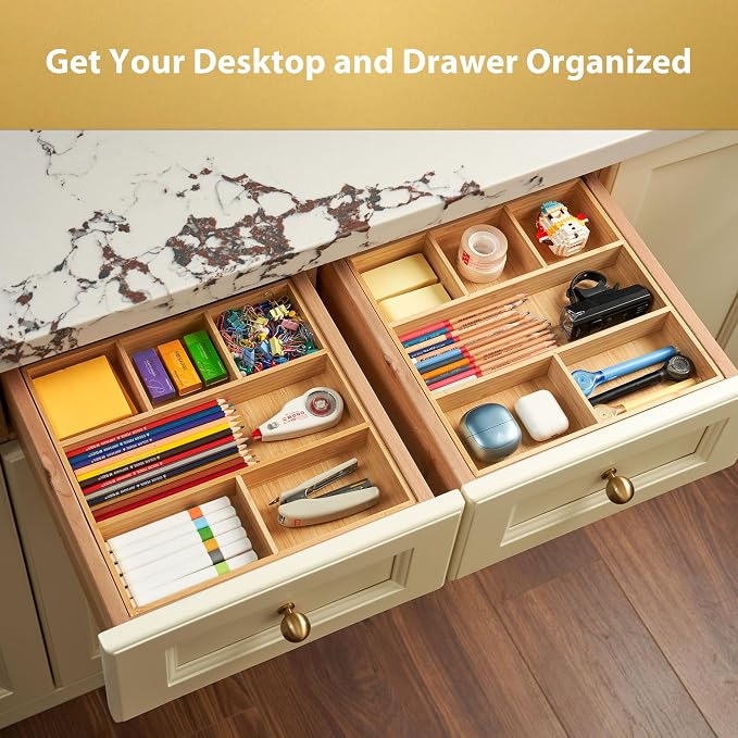 Umilife Bamboo Desk Drawer Organizer, Wood Office Junk Tray, 12"x12" | 1.8" Tall for Shallow Drawer - Adjustable dividers - Anti Slip Silicone Pads - Versatile Storage Box in Kitchen, Pantry - Image 4