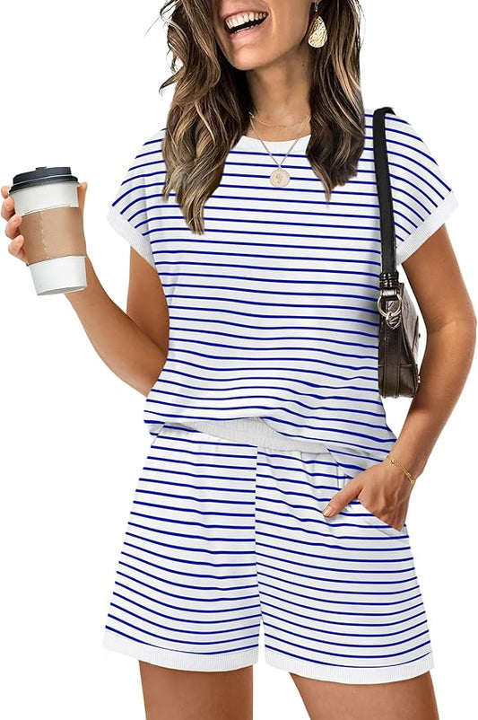 WIHOLL Two Piece Sets for Women Summer Lounge Short Sets Cap Sleeve Crew Neck Sweatsuit with Pocket XS-2XL by WIHOLL