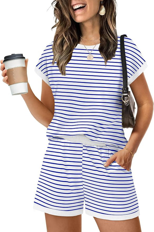 WIHOLL Two Piece Sets for Women Summer Lounge Short Sets Cap Sleeve Crew Neck Sweatsuit with Pocket XS-2XL by WIHOLL