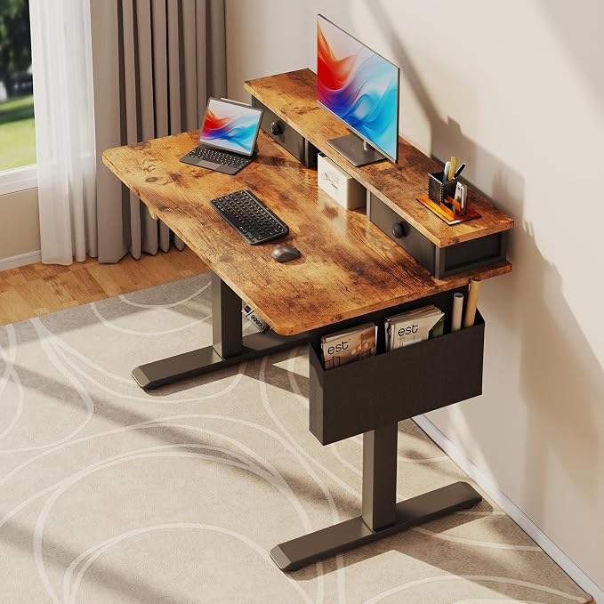 Electric Standing Desk Adjustable Height - 40 Inch Sit Stand Desk with Storage Drawers , Small Standing Desks with Shelf Monitor Stand, Kids Girls Computer Desks for Bedroom Home Office, Rustic Brown - Image 6