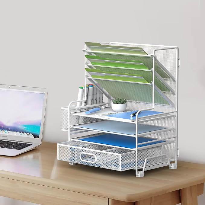 MINDEPOT 4-Tier Paper Organizer + 3-Pocket File Holder + Drawer + Pen Holders, Desktop File Organizers Paper Tray for Office Supplies School Classroom Organization (White, with Drawer & Pen Holder) - Image 6
