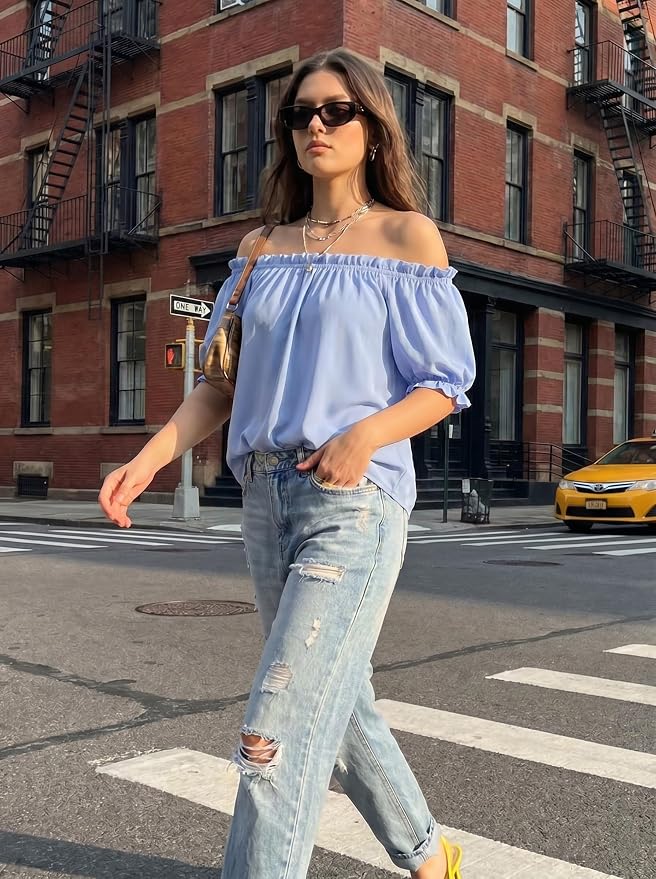 EVALESS Womens Tops Off The Shoulder Blouses for Women Dressy Casual Cute Puff Sleeve T Shirts Fashion 2026 - Image 5