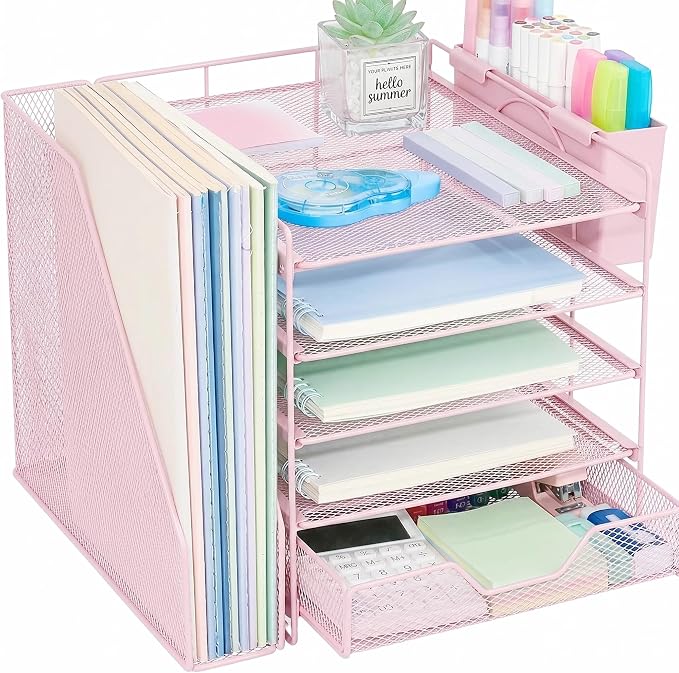 Desk Organizers and Accessories, 5-Tier Paper Letter Tray Organizer with File Holder, Drawer & Pen Holder, Office Desk Accessories, Desktop Organizer for Classroom Office Supplies, Pink by Illuminatinglifewiththewarmthandloveoflight