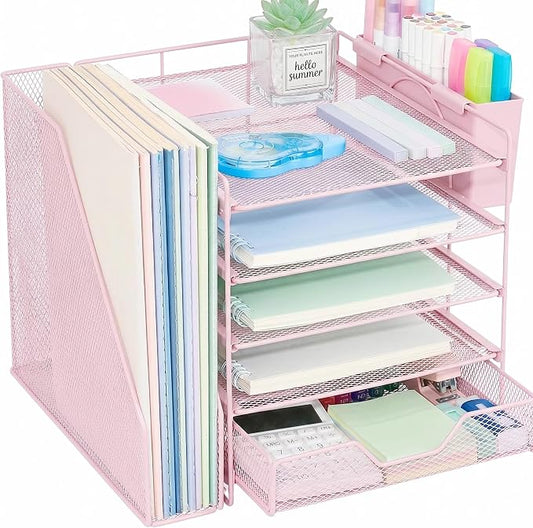Desk Organizers and Accessories, 5-Tier Paper Letter Tray Organizer with File Holder, Drawer & Pen Holder, Office Desk Accessories, Desktop Organizer for Classroom Office Supplies, Pink by Illuminatinglifewiththewarmthandloveoflight