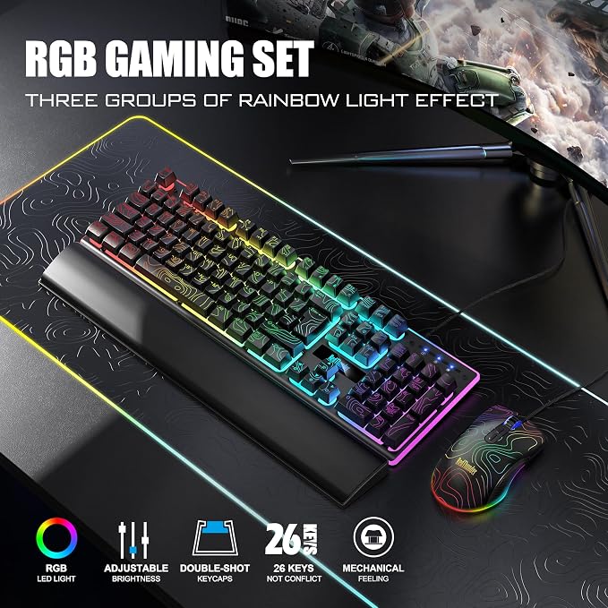 RedThunder K10 Wired Gaming Keyboard & Mouse Combo with Wrist Rest, Adjustable RGB Mechanical Feel Anti-ghosting Keyboard + 7D 7200 DPI Mouse+Soft Leather Wrist Rest for PC Gamers (Black Lines) - Image 2
