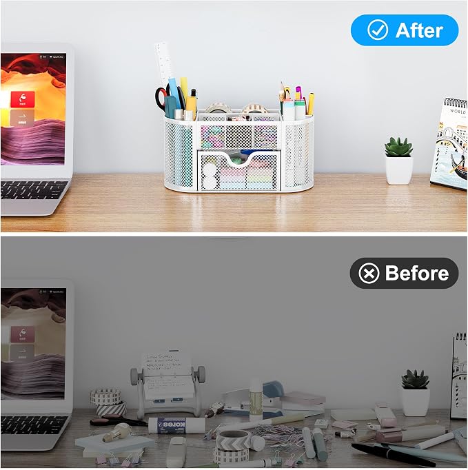 EasyPAG Mesh Pen Holder Desk Organizer with Drawer Stationery Supplies Organizer for Dorm School 9 Compartments Workspace Desk Accessories Organization for Office, White - Image 5