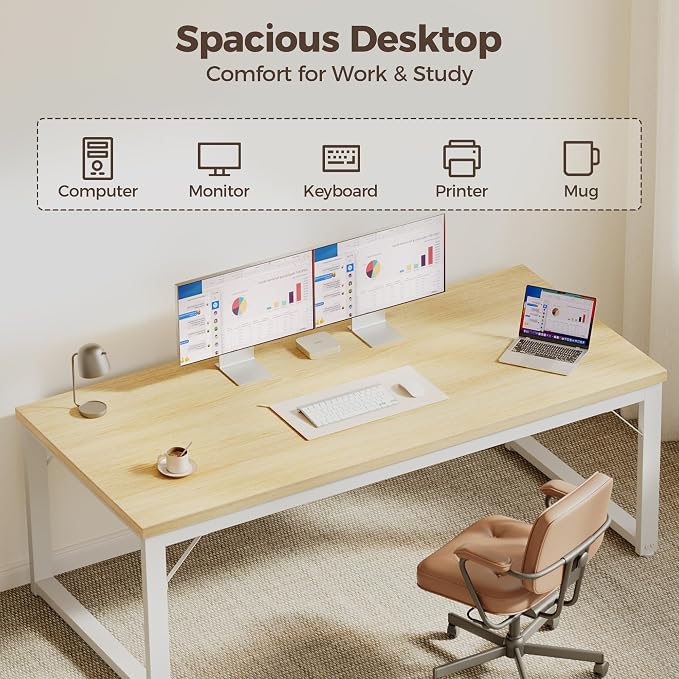 Mericonia 54 Inch Computer Desk, 1" Thick Large Office Table, Oak | Modern Simple Style, Heavy Duty Industrial Frame, Large Study & Writing Table for Home Bedroom Work - Image 5