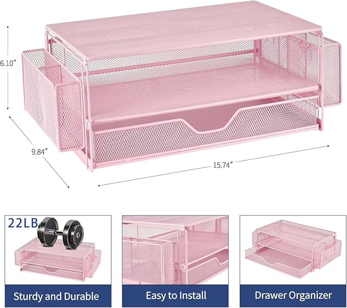 AUPSEN Computer Monitor Stands Riser，2-Tier Desk Organizers and Accessories, Office Desk Accessories Organizer with Drawers and 2 Pen Holder for Office Supplies (Pink) - Image 4