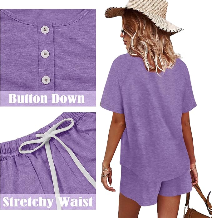 WIHOLL Two Piece Outfits for Women Lounge Sets Button Down Top and Shorts Set Sweatsuits with Pockets - Image 3