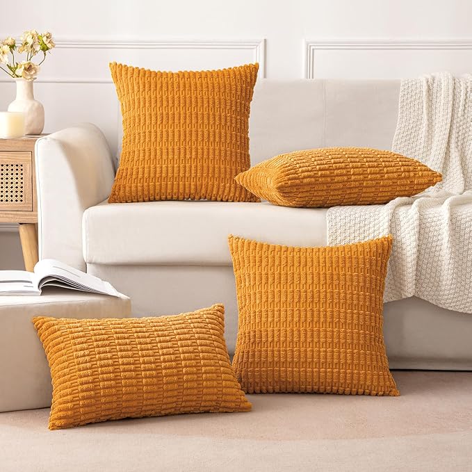 MIULEE Fall Pack of 2 Burnt Orange Corduroy Decorative Lumbar Pillow Covers 20x12 Inch Soft Boho Striped Throw Pillow Covers Modern Farmhouse Home Decor for Sofa Living Room Couch Bed - Image 3