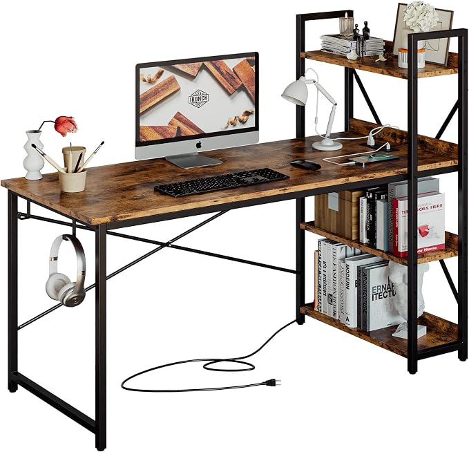 IRONCK Computer Desk 55" with Power Outlet and Storage Shelves,Rustic Brown | Study Writing Table with USB Ports Charging Station, PC Desk Workstation for Home Office by IRONCK