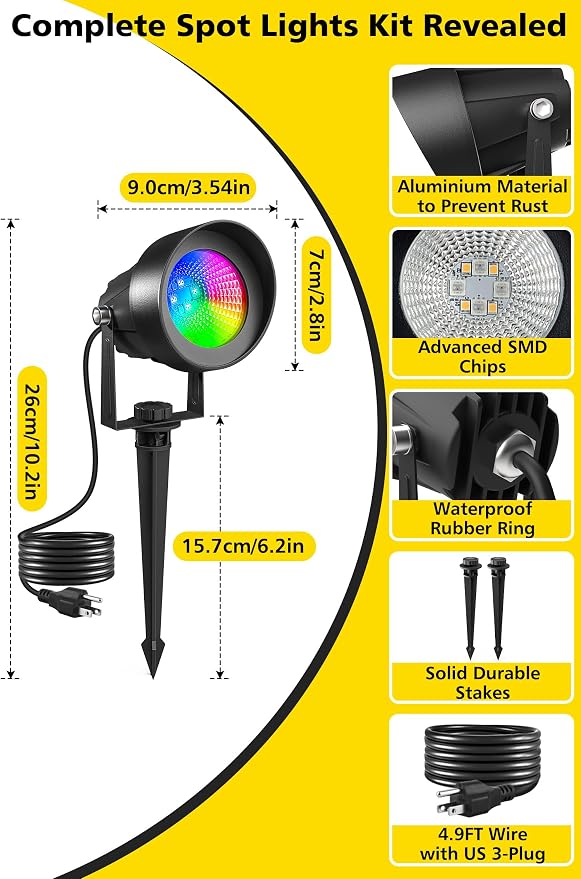 T-SUN Smart Color Changing Landscape Lights, RGBW Spotlights Outdoor with App & Remote, Music Sync, 16M Colors, Timer, Dimmable Waterproof Spot Light for Yard Garden Tree, Set of 2 - Image 2