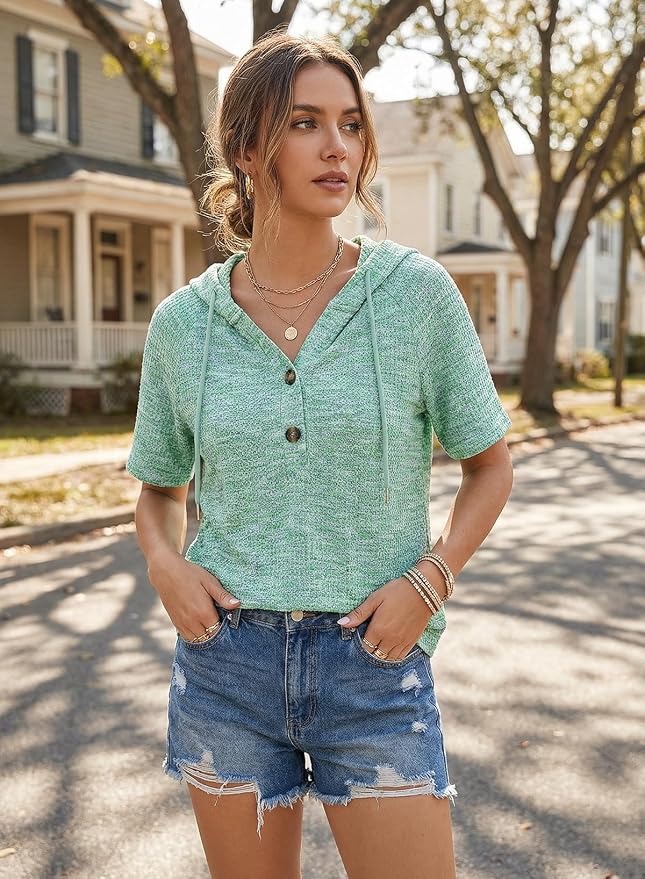 Dokotoo Womens Summer Tops 2026 Short Sleeve Button V Neck Waffle Knit Lightweight Drawstring Hoodies Casual Blouses Shirts - Image 4