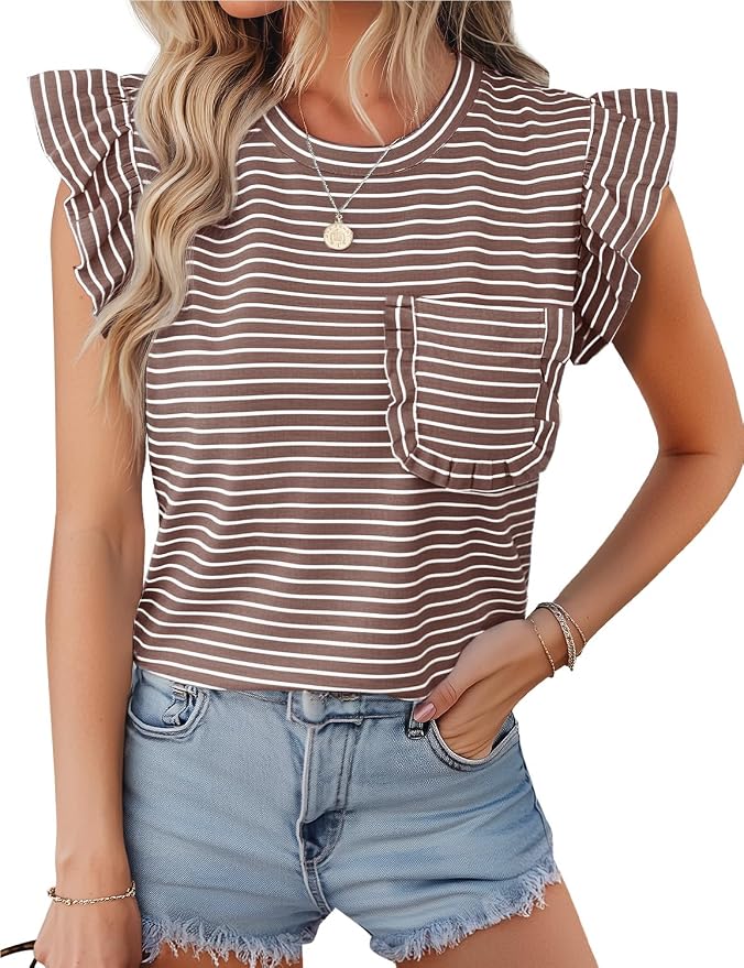 JUSTFASHIONNOW Womens Summer Tops Striped T-Shirts 2026 Ruffle Short Sleeve Crew Neck Casual Blouses with Pocket - Image 2