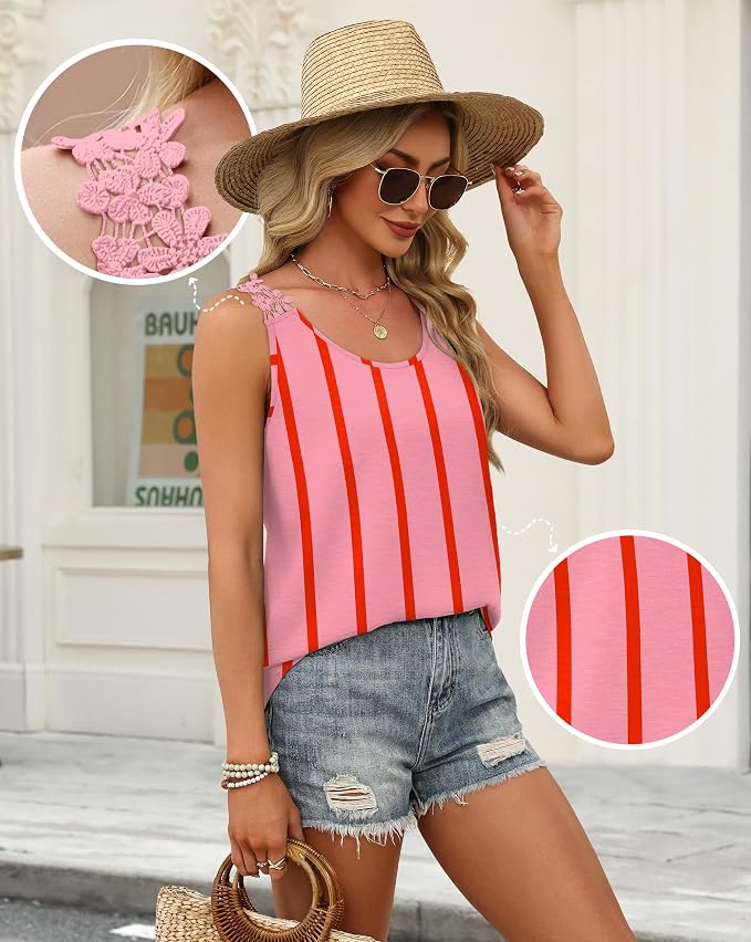 OFEEFAN Tank Top for Women Loose Fit Crew Neck Sleeveless Shirts Strap Lace Camisole Chiffon Summer Tops Curved Hem - Image 4