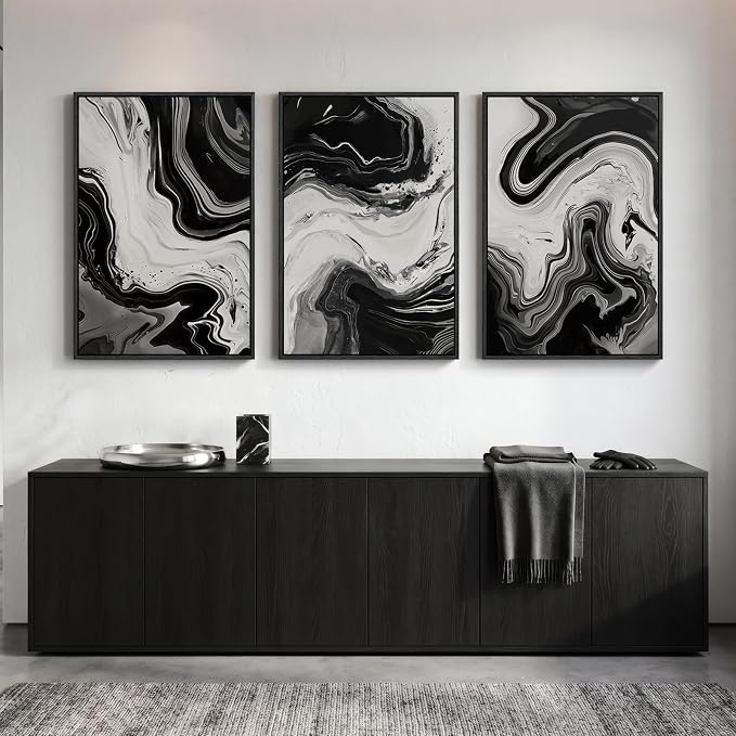 Large Framed Black and White Abstract Wall Art for Living room, 3 Piece Canvas Prints Paintings Artwork for Walls, Modern Minimalist Pictures Wall Decor for Bedroom Dining Room Office 24x36 In - Image 4