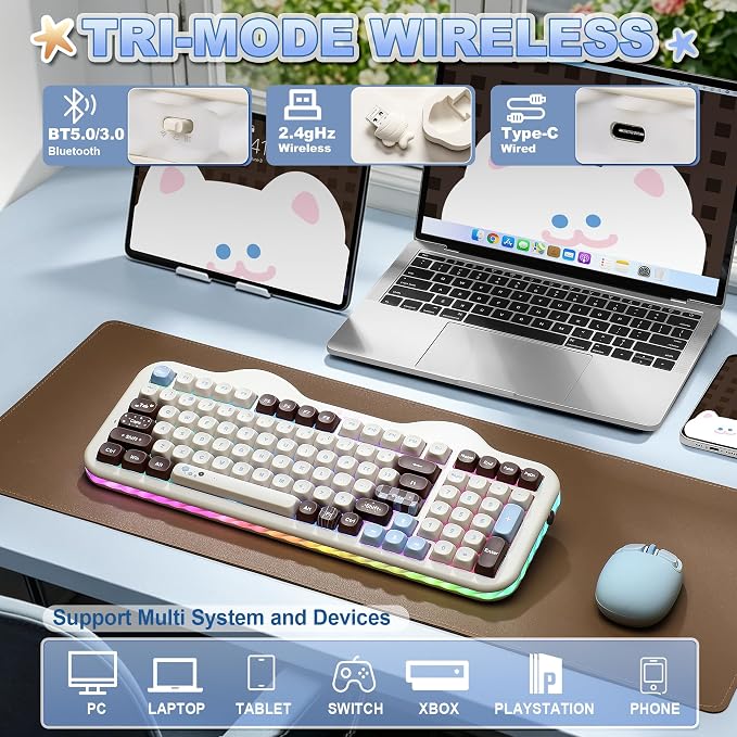 YUNZII C98 Cute Cake Wireless Mechanical Keyboard (Choco, Milk Switch) | 99 Keys with Number Pad, Hot Swap, PBT MOA Keycaps, BT5.0/2.4G/USB-C, Gasket Mount, Custom RGB Backlit for Win/Mac - Image 3