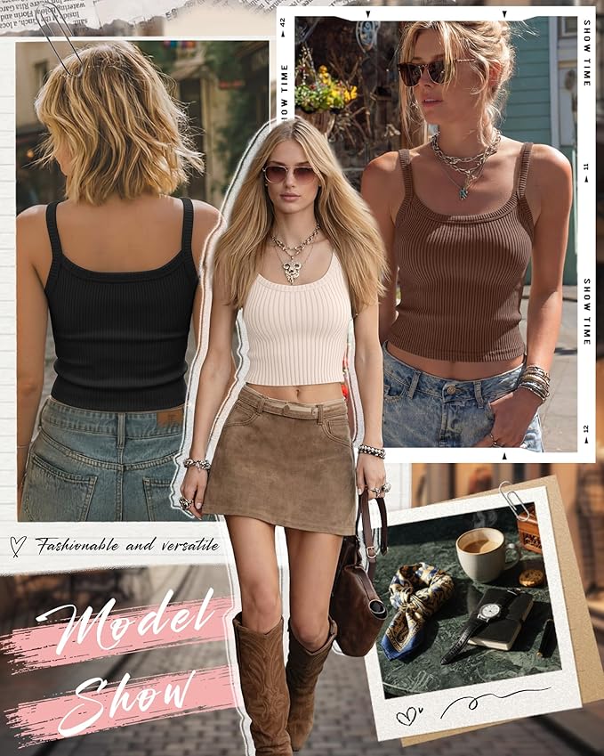 Ficerd 3 Pack Women's Tank Tops 95% Cotton Spaghetti Strap Ribbed Crop Camisole Slim Fitted Basic Summer Sleeveless Layer - Image 3