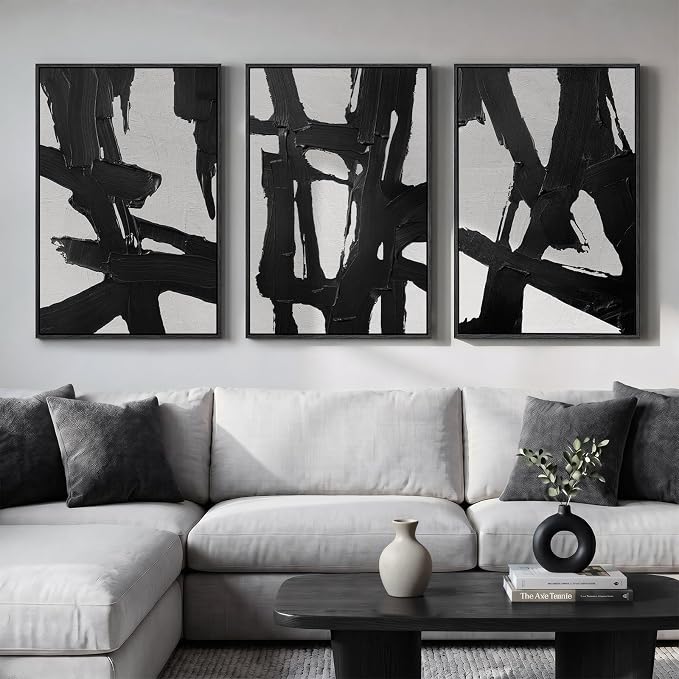 Large Framed Black and White Abstract Wall Art for Living Room, 3 Piece Canvas Prints Paintings Artwork for Walls, Modern Minimalist Wall Decor for Bedroom Dining Room Office hallway 24x36 In by Cuspin