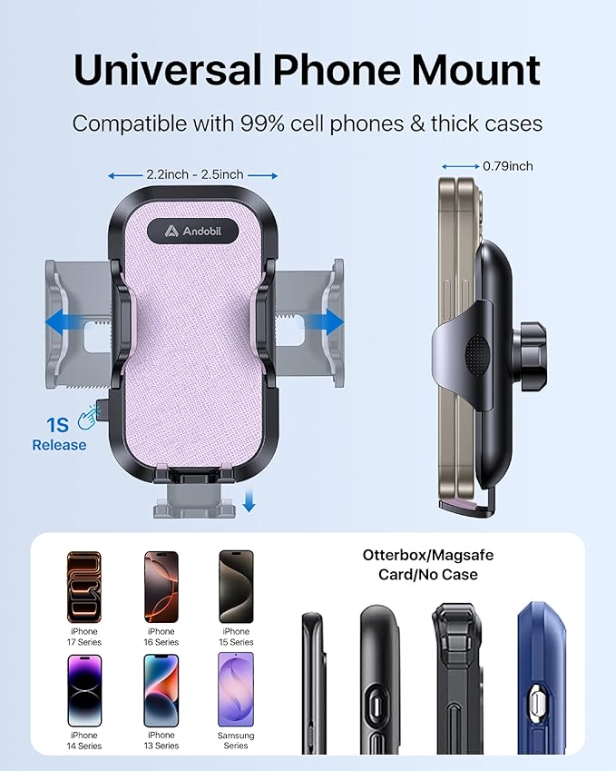 andobil Car Phone Holder, 2026 Military-Grade 89bs Strongest Suction Phone Holders for Your Car Dashboard/Windshield/Vent Easy Clamp Cellphone Holder Truck Stand for iPhone 17 16 15 Pro Max, Purple - Image 5