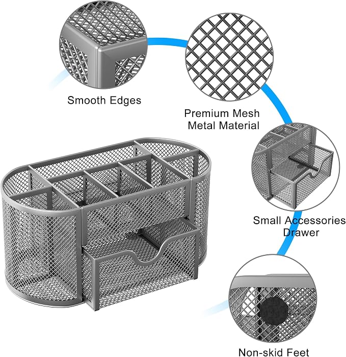EasyPAG Mesh Pen Holder Desk Organizer with Drawer Stationery Supplies Organizer for Dorm School 9 Compartments Workspace Desk Accessories Organization for Office, Silver - Image 4